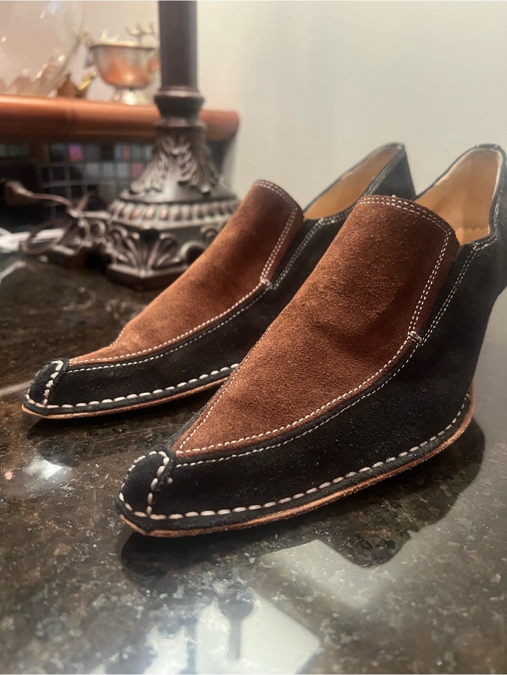 Olivia Rose Tal Brown and Black Suede Pointed Slip-On Heels